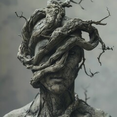 Surreal figure with a tree growing from the head, roots entwined around the neck