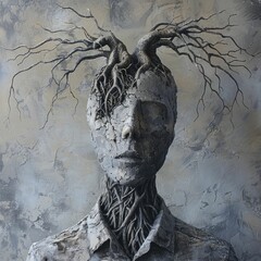 The surreal figure has a tree sprouting from its head, with roots entwined around the neck.