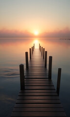 Fototapeta premium The wooden dock goes into the lake in a foggy morning photo