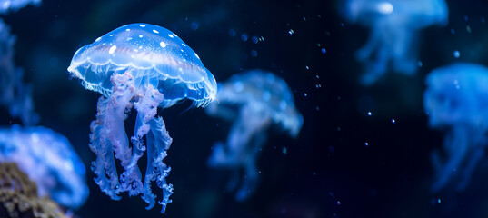 jellyfish in the deep dark ocean with copy space - obrazy, fototapety, plakaty