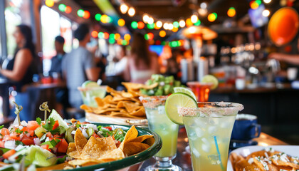 Cinco de Mayo party in a bar with food and drinks in the foreground and a group of people...
