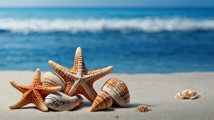 Fototapeta na wymiar A tranquil beach scene adorned with sea shells and starfish against a backdrop of serene blue sea.