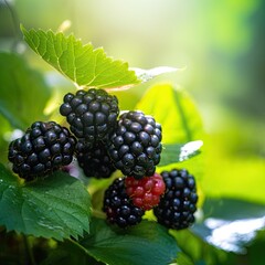 Blackberry berries on a branch with green leaves, blurred background, close up
