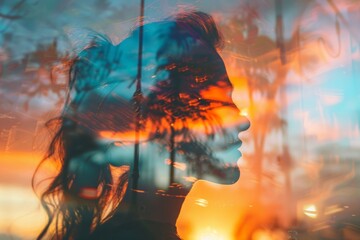 abstract wallpaper with face of a woman super imposed over forest in the sunset - obrazy, fototapety, plakaty
