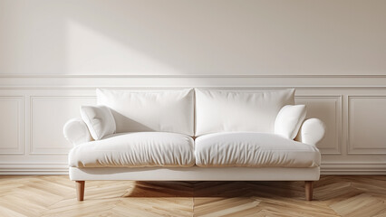 White sofa on wooden parquet. Minimalist, scandinavian home interior design of a modern living room.