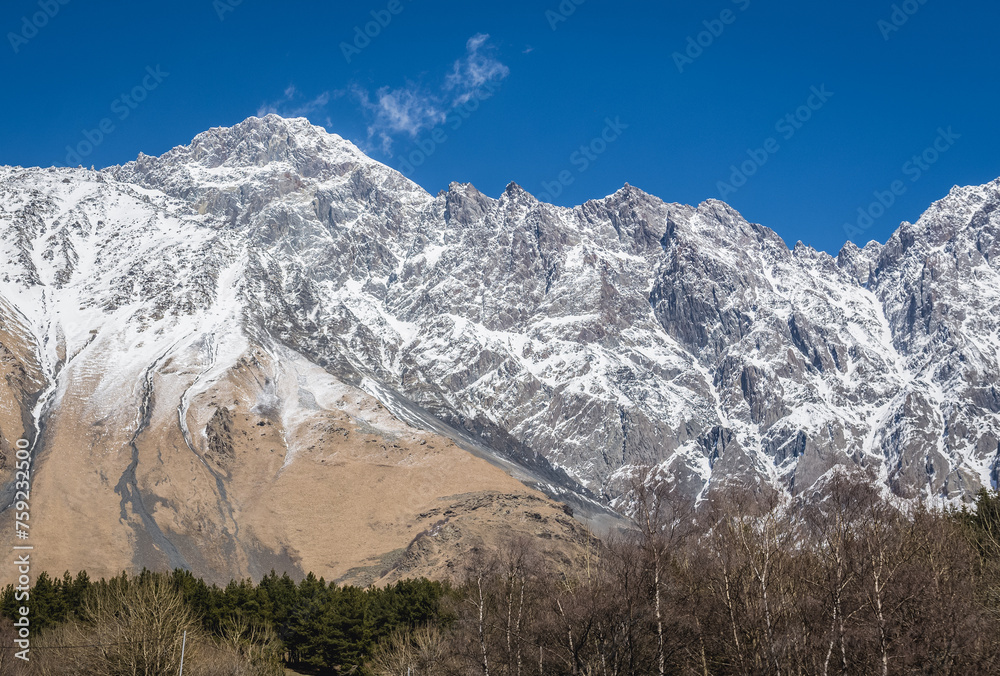 Sticker View on Caucasus Mountains with Mount Shani near in Stepantsminda, formerly Kazbegi in Mtskheta-Mtianeti region, Georgia