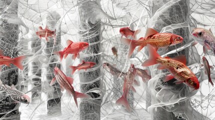 a group of red and white fish swimming next to each other in a caged in area with trees in the background.