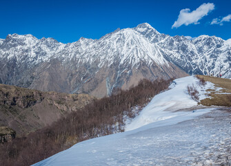 Mount Shani seen from path near Stepantsminda, formerly Kazbegi in Mtskheta-Mtianeti region, Georgia
