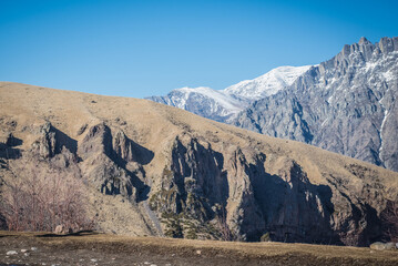Caucasus Mountains near Stepantsminda, formerly Kazbegi in Mtskheta-Mtianeti region, Georgia