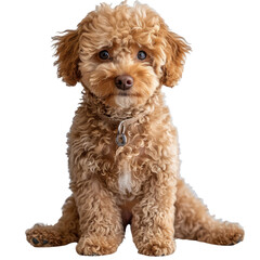 Apricot toy poodle with curly fur sitting