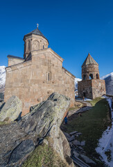 Fototapeta premium Tsminda Sameba - Trinity Church in Gergeti village near Stepantsminda, Georgia