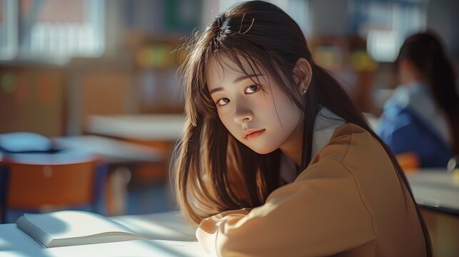 Asiatisches M&auml;dchen mit traurigem Blick beim Lernen in der Schule