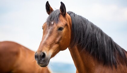 a close up of a horse s head with a white background and a brown horse in the foreground