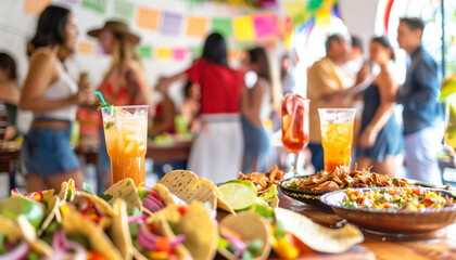 Cinco de Mayo party with food and drinks in the foreground and a group of people celebrating - obrazy, fototapety, plakaty