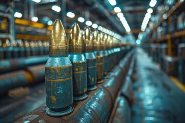 Artillery munitions neatly stacked in storage - obrazy, fototapety, plakaty