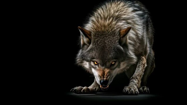 Portrait of a wolf, Sacred Confrontation. The Symbolic Encounter of Faith and Ferocity.  Mad Wolf Showing teeth on black background.  Video. 