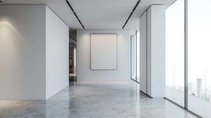 Obraz premium Frame mockup, Empty Frame Mockup in Elegant Hallway with Marble Floor and Windows, high-resolution (300 DPI)