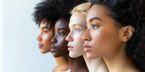 Young women faces profile closeup, beautiful girls or woman diversity. 4 women faces looking straight for multi ethnic beauty or skincare studio shot