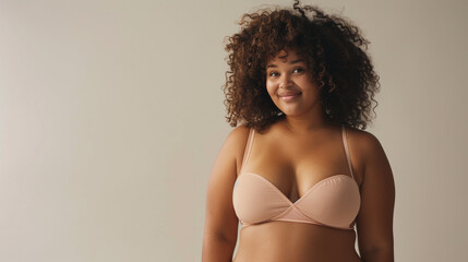 Body positive woman in underwear lingerie. Curly young woman happy smiling. studio shot of natural beauty and body positive of women - 759234783