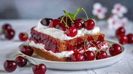 a white plate topped with a piece of cake covered in whipped cream and cherries next to a pile of cherries.