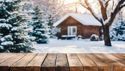 an empty wooden table with the snowy backyard of a house in the background during winter beginning of the year concept