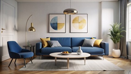 Sleek Design, Light Gray Sectional, Round Wood Coffee Table, Abstract Wall Decoration, generative ai