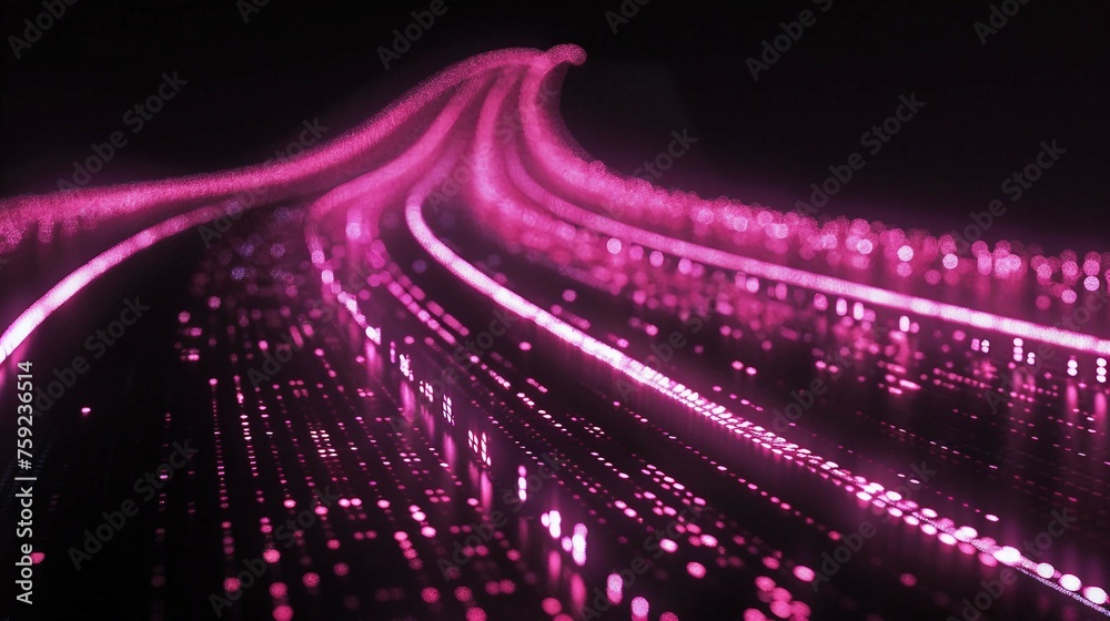 Wall mural digital road illuminated by pink matrix of binary code. digital winding road isolated on black background.
