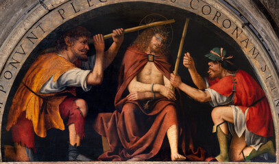 MILAN, ITALY - MARCH 7, 2024: The renaissance painting of Crowning with the thorns - Cappella della Passione in San Giorgio in Palazo church by Bernardino Luini (1516). - 759236543