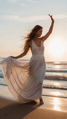 Fototapeta na wymiar Beautiful relaxed bohemian style bride on the sandy beach 
