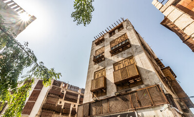 Traditional houses in Al Balad,  historic center of Jeddah, Saudi Arabia