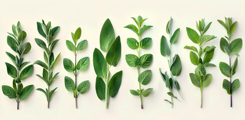 A set of fresh sage herbs isolated on a white background with clipping path, suitable for culinary and cooking purposes.