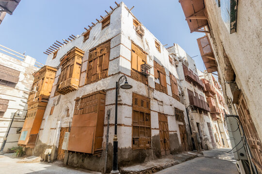 Traditional houses in Al Balad,  historic center of Jeddah, Saudi Arabia