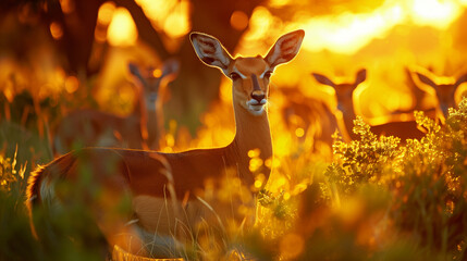 Beautiful impalas in the grass with evening sun, hidden portrait in vegetation. Animal in the wild nature . Sunset in Africa wildlife. Animal in the habitat, face portrait - obrazy, fototapety, plakaty