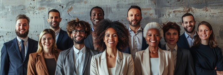 Multicultural professionals posing happily, a vibrant team showcasing diversity and unity.