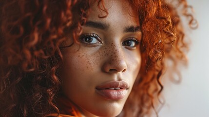 Portrait of beautiful curly ginger hair young dark skin woman with freckles on the face