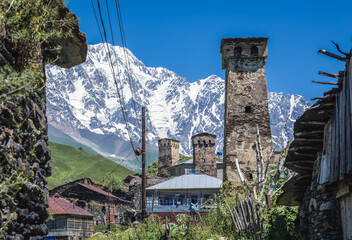 View in Zhibiani, one of villages of Ushguli community in Svanetia region, Georgia - obrazy, fototapety, plakaty