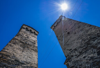 Characteristic Svan towers in Zhibiani, one of villages of Ushguli community in Svanetia region,...