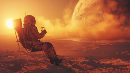 astronaut, in a chair, while drinking beer on a planet generative ai