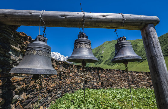 Bells in front of Lamaria church in Zhibiani, one of villages of Ushguli community in Svanetia region, Georgia