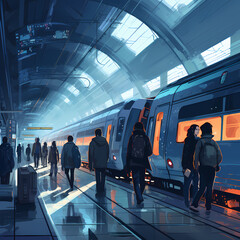A busy train station with commuters on the move.