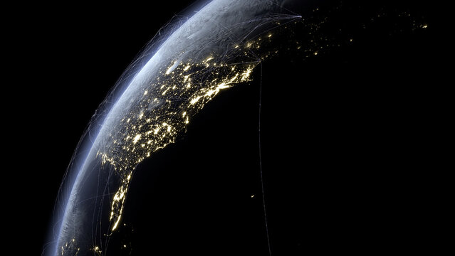 3d render of planet earth from space at an oblique angle.  Enhanced lit areas glow as the planet rotates into night.  Arching abstract lines connect population centers.