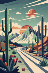 Fototapeta premium Stylized flat art illustration of highway landscape with cacti, mountains, and sunset sky, perfect for travel, adventure in arid southwest environment. Poster mexican background, Mexico backdrop