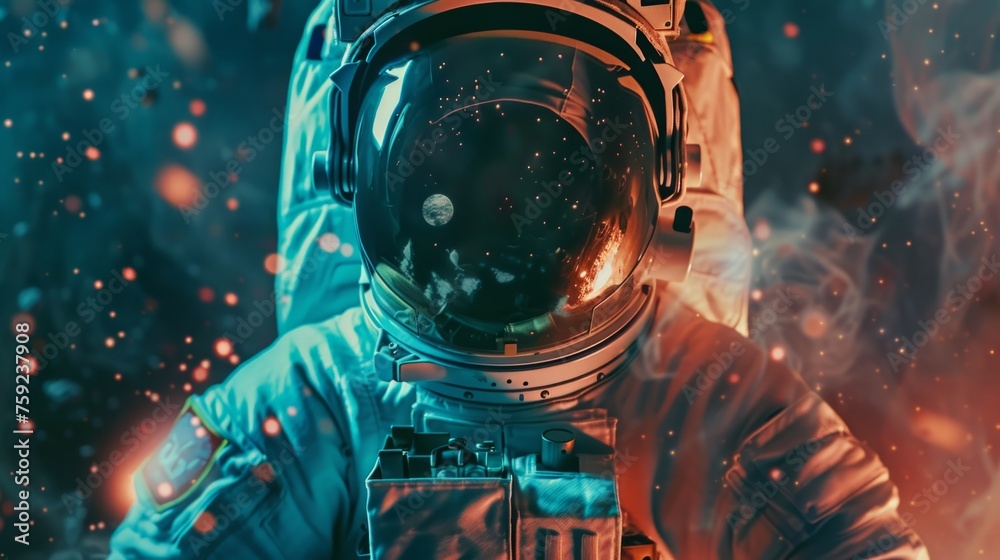 Wall mural closeup of an astronaut orbiting through space generative ai