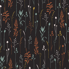 Stylish hand drawn seamless pattern with dry herbs, flowers and leaves on dark background. Natural colours backdrop. Botanical silhouettes. Print for wallpapers, textile, fabric, giftpaper and banner