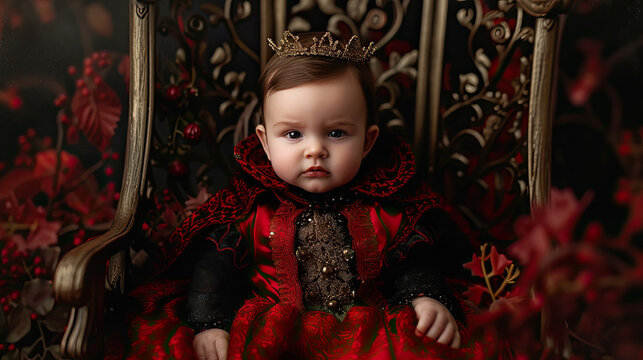 baby dressed in a evil ruler in black and red Halloween costume professional portrait photography in beautiful background matching the costume