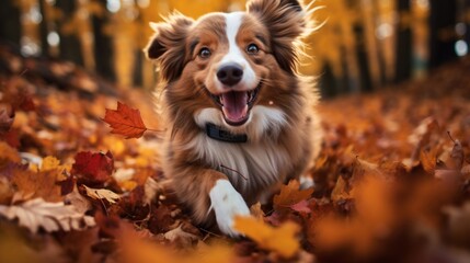 Playful canine enjoying the vibrant autumn foliage. Prepping your pup for fall adventures. Fall pet care tips. Preparing for autumn walks and festivities. - obrazy, fototapety, plakaty