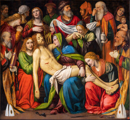 MILAN, ITALY - MARCH 7, 2024: The renaissance painting of Deposition of Christ - Cappella della Passione in San Giorgio in Palazo church by Bernardino Luini (1516). - 759238584