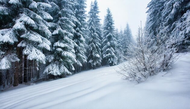 frosty winter landscape in snowy forest christmas background