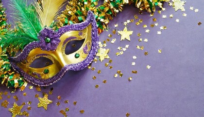 mardi gras holiday festival purple background and mask and confetti tinsel mardi gras new orleans