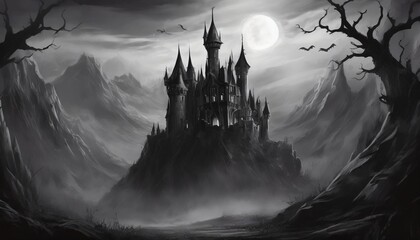 the background for a scary fairy tale background a dark gothic castle in a dark dead valley moonlight some gray place in a gloomy mountain region
